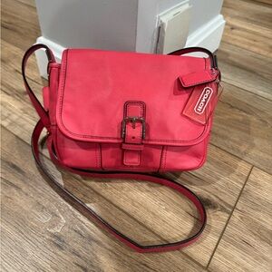 COACH Vintage The “Hadley” Bright Coral Pink Leather Field Crossbody Flap Bag